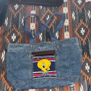 Tweety Denim Tote Bag with Front Pocket